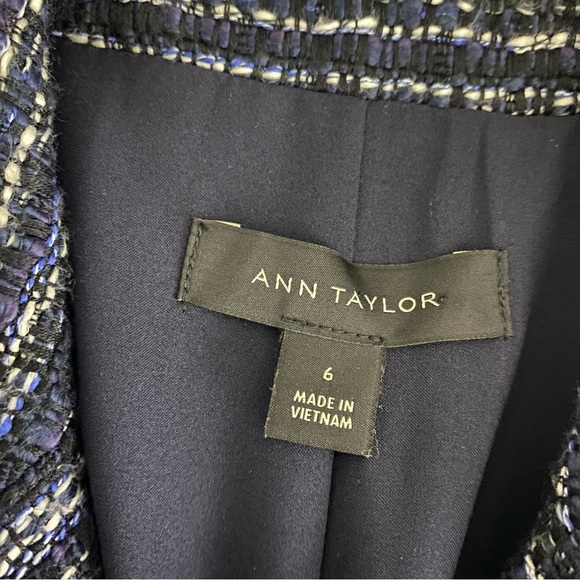 Ann Taylor Cotton Blend Tweed Fringe Trim Blazer Jacket 6 Navy Blue Black Ivory - Picture 6 of 9